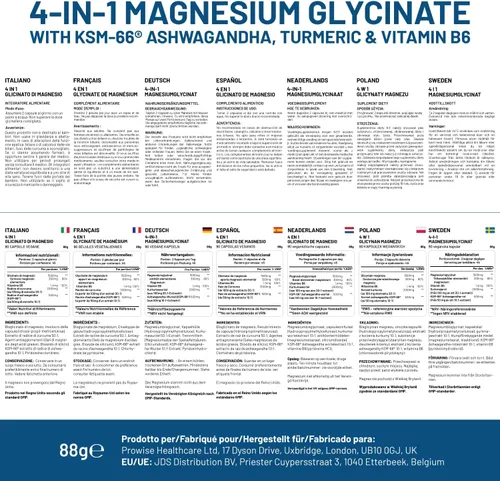 Vista 9 de Glicinato de magnesio 4 en 1 añadido con Ashwagandha KSM-66, cúrcuma y vitamina B6 90 cápsulas veganas 4,001 mg por porción Cápsula fácil