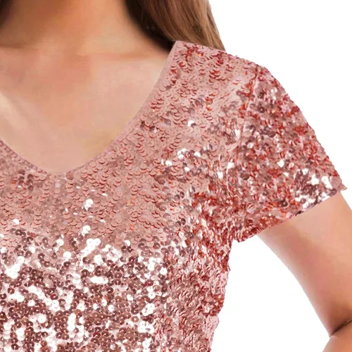 Vista 6 de MANER - Vestido de fiesta corto para mujer, diseño brillante con lentejuelas, escote en V, manga corta, sexy y entallado