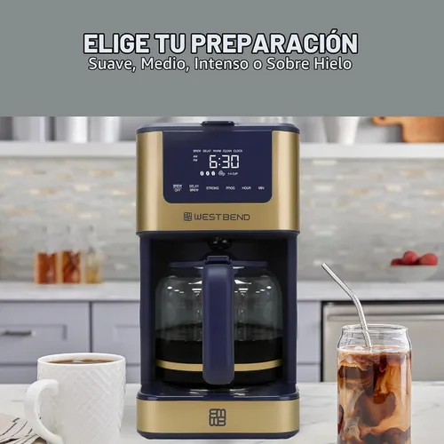 Vista 2 de West Bend Cafetera programable atemporal de 12 tazas con selector de fuerza de preparación para café caliente y helado, incluye opción