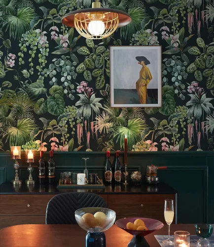 Vista 13 de Ismoon Papel tapiz verde para despegar y pegar, diseño bohemio floral y hojas en papel adhesivo grueso, papel adhesivo botánico oscuro, extraíble