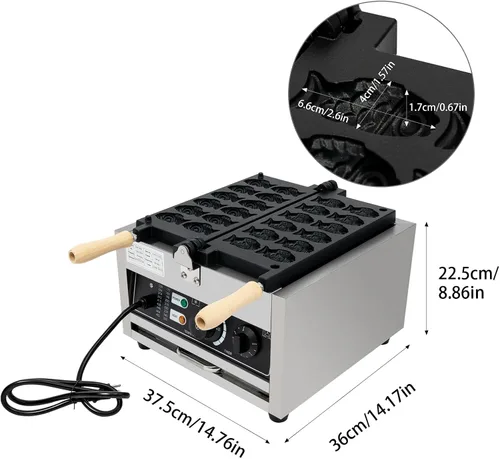 Vista 4 de Máquina para hacer gofres, 12 cavidades en forma de pez, para aperitivos y postres saludables, máquina de panqueques antiadherente de doble cara