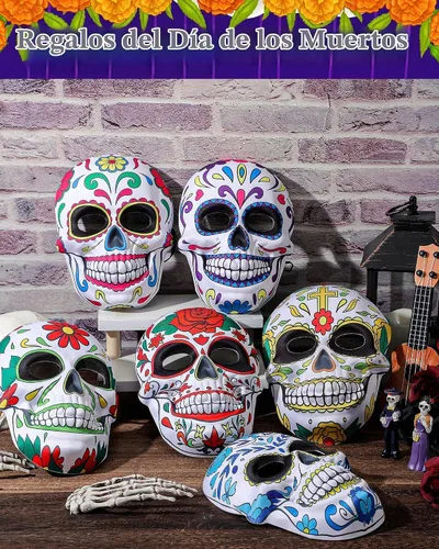 Vista 5 de RoundFunny 6/12 máscaras del Día de los Muertos para adultos Halloween