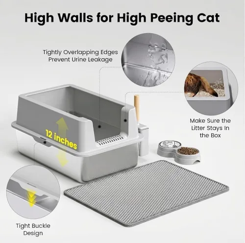 Vista 4 de Caja de arena de acero inoxidable para gatos - Caja de arena XL de metal cerrada con tapa para gatos grandes, de lados altos, anti-fugas, fácil