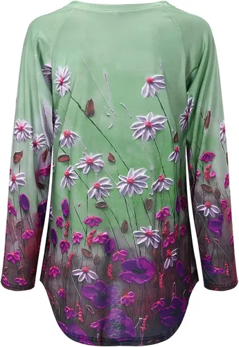 Vista 2 de XOOPIT Blusa de manga larga con cuello redondo y estampado de flores para mujer, manga larga