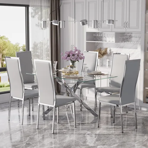 Vista 34 de Juego de mesa de comedor de cristal dorado moderno de 63 pulgadas para 6, juego de mesa de cocina rectangular de 7 piezas con patas de acero Negro