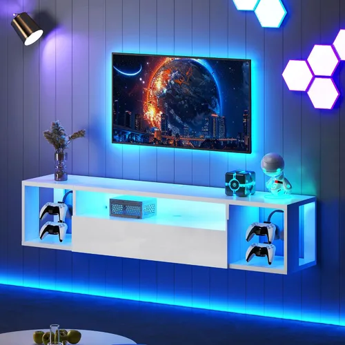 Vista 11 de DlandHome Soporte flotante para TV con luz LED, consola multimedia de 39.3 pulgadas, estante flotante para debajo del televisor con estante