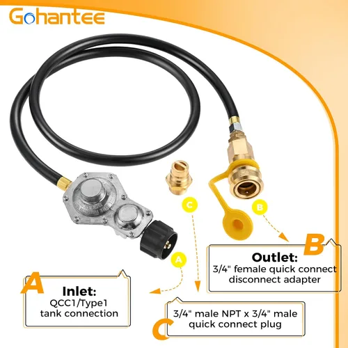 Vista 3 de Regulador de propano de dos etapas con manguera de 5 pies para tanque de propano QCC1/Type1, conector rápido desmontable de 3/4" y enchufe