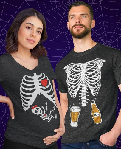 Vista 2 de Camisa de maternidad de Halloween con diseño de esqueleto para bebés y niñas, camisas a juego para parejas