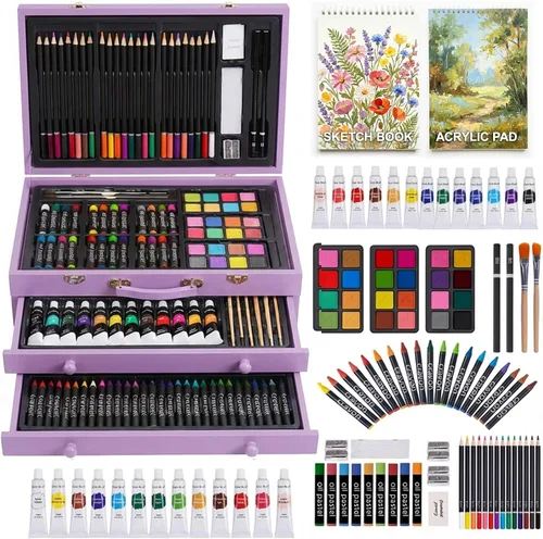 Vista 10 de Juego de arte de lujo de 175 piezas en madera, kit de dibujo y pintura con 2 blocs de dibujo, pinturas acrílicas, lápices de colores, lápices