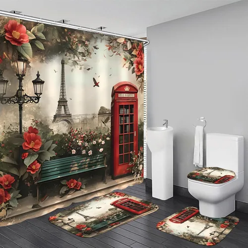 Vista 8 de Chrainy Juego de 4 cortinas de ducha de la torre Eiffel de París, botella de perfume, flores, negro, decoración de baño con 12 ganchos Waterproof