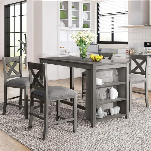 Vista 16 de Farmhouse - Juego de comedor rústico de 5 piezas con 4 taburetes, juego de mesa consola de madera con acabado de dos tonos, para comedor pequeños
