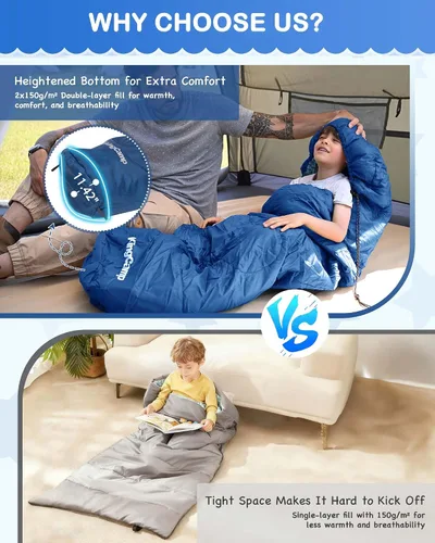 Vista 7 de KingCamp 45°F Kids Sleeping Bag, 100% Flannel Sleeping Bag for 10-12 Child
