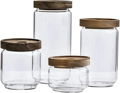Vista 2 de Tarro de vidrio para almacenar alimentos, 25.4 fl oz/25 onzas, recipiente de vidrio transparente con sellado hermético, tapas de madera de acacia