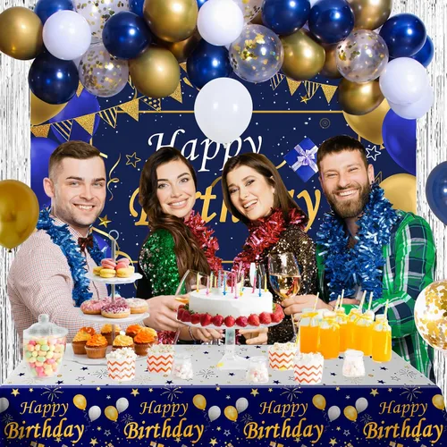 Vista 7 de Decoraciones de cumpleaños azules y doradas para hombres y mujeres, decoraciones de feliz cumpleaños para niños y niñas, decoración de fiesta, telón