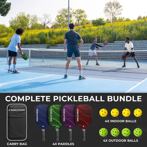 Vista 6 de Pickleball Paddles Set of 4 – Premium Fiberglass Paddle Set with 14mm Polypropylene Honeycomb Core – Complete Bundle with 8 Indoor/Outdoor Balls &