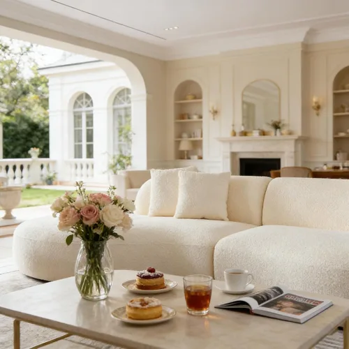 Vista 7 de Sofá curvado de lujo de 135.4 pulgadas, moderno sofá beige tapizado, cómodos sofás Boucle tapizados de gran tamaño con diván, sofás seccionales