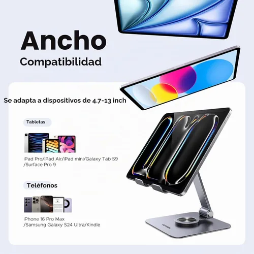 Vista 7 de UGREEN Soporte para tablet para escritorio con base giratoria de 360°, soporte de aluminio ajustable de múltiples ángulos, accesorios para el hogar