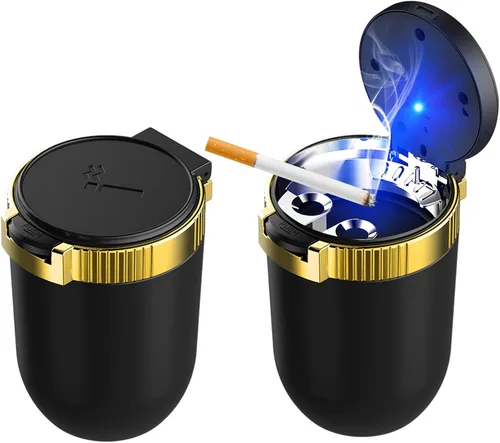 Vista 9 de Ohleats Cenicero de coche con tapa, cenicero desmontable de acero inoxidable con luz LED azul, cenicero portátil mini para vehículo, portavasos