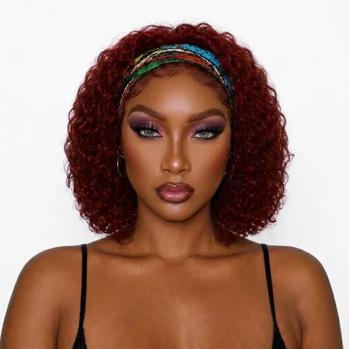 Vista 32 de Punmasa Peluca de cabello humano con diadema de onda profunda 99J de cabello humano para mujer, sin pegamento, sin encaje frontal, hecha a máquina