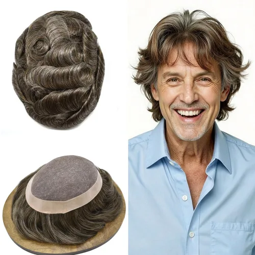 Vista 68 de Fine Mono Men Hair System Mens Toupee Real Human Hair Pieces For Men's Toupee Hair System For Men Hair Piece Natural Hairline 6X8 densidad de luz