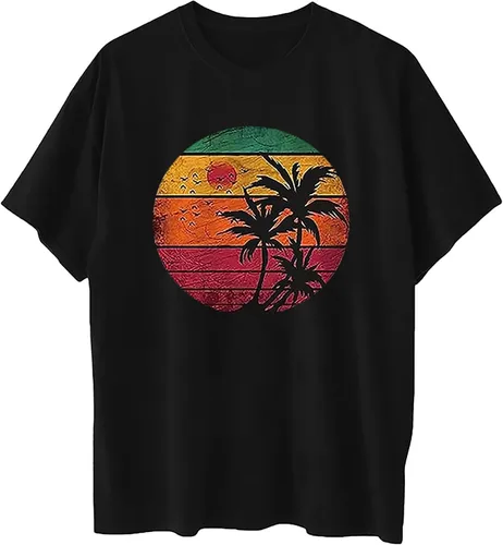 Vista 3 de Camiseta de gran tamaño con estampado de palmeras para mujer, estilo tropical, hawaiano, playero Negro