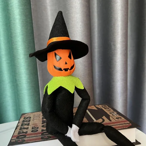 Vista 6 de DANONI Muñeca elfo de calabaza de Halloween, 14 pulgadas hecha a mano, adorno de juguete de calabaza elfo para decoración de mesa de vacaciones Verde