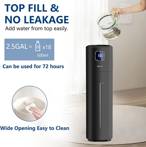 Vista 3 de Akeshan Humidificadores Grandes para Dormitorio, 9L/2.5Gal Ultrasónico de Niebla Fría, Relleno Superior Fácil de Limpiar con Velocidad de Niebla