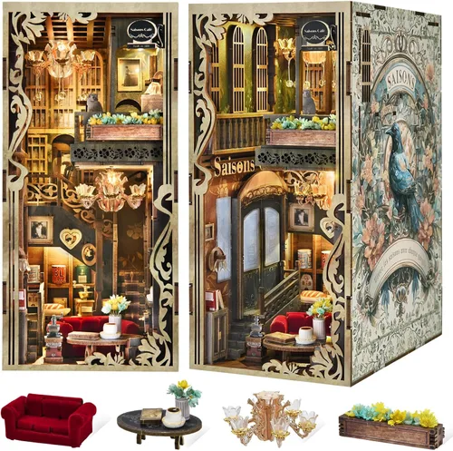 Vista 11 de MiniCity Kit de rincón de libros, kit de bricolaje en miniatura para casa de muñecas, rompecabezas de madera 3D, decoración con luz LED