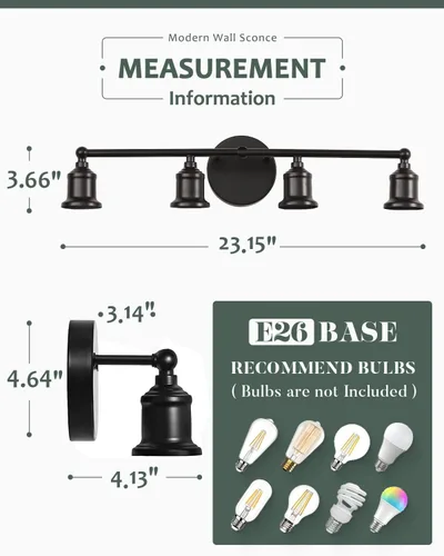 Vista 6 de Lámpara de tocador de 4 luces, aplique industrial de pared negra, lámpara de pared de baño de granja, lámpara de pared con base E26 vintage