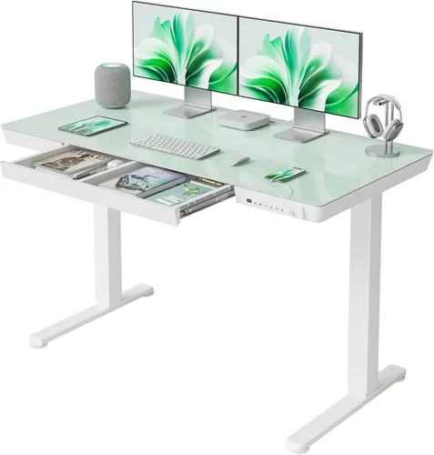 Vista 11 de FEZIBO Escritorio eléctrico de pie con cajones de 48 × 24, escritorio de cristal de altura ajustable de una pieza, escritorio de pie ajustable