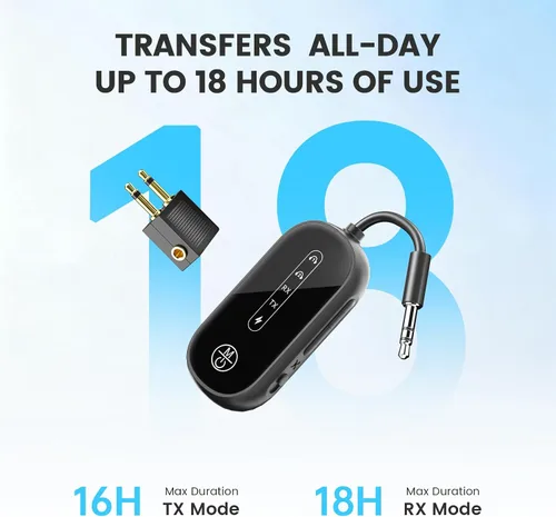 Vista 5 de Transmisor y receptor Bluetooth 5.4 de doble enlace para avión, adaptador Bluetooth 2 en 1, receptor inalámbrico de viaje para avión, adaptador