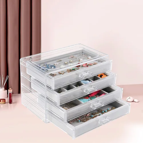 Vista 6 de Weiai Organizador de joyas acrílico caja de joyería transparente con 4 cajones vitrina de terciopelo para almacenamiento aretes anillos collares