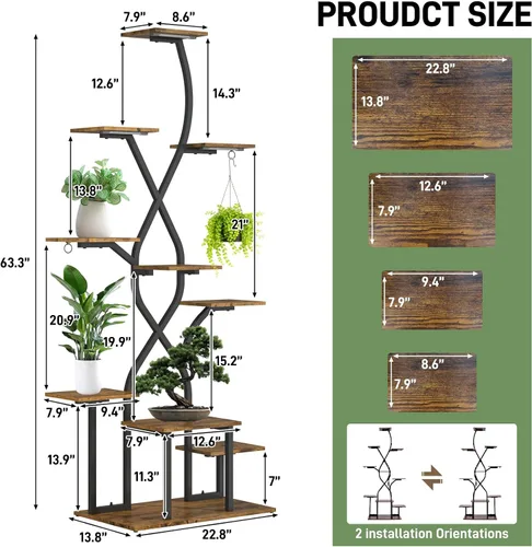 Vista 5 de Soporte para plantas de interior de 63 pulgadas con luces de crecimiento, estante para plantas de interior de 10 niveles, estante de plantas