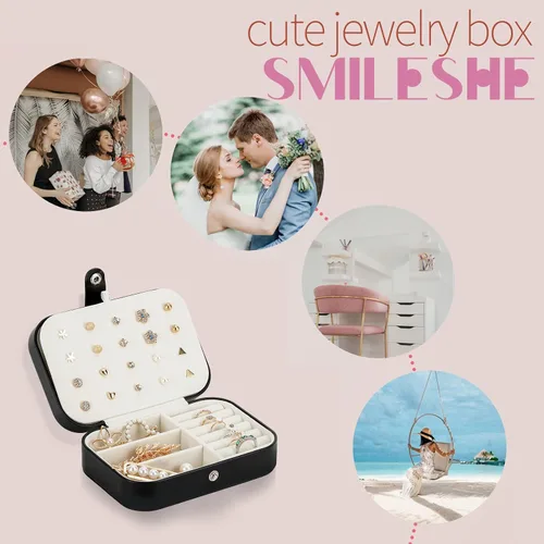 Vista 3 de Smileshe Joyero estuche de viaje portátil pequeño de piel sintética organizador de 2 capas cajas de almacenamiento para anillos aretes collares