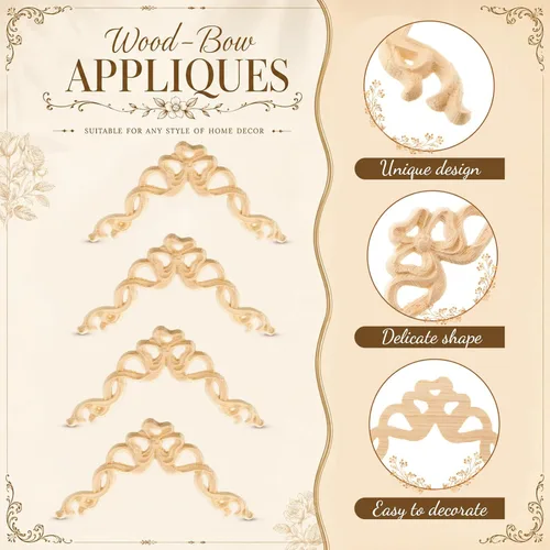 Vista 3 de Yalikop 5 piezas de apliques de arco de madera, apliques decorativos de arco de madera para muebles, rosa para puerta de cama, pared, armario