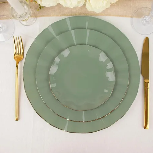 Vista 95 de Tableclothsfactory Paquete de 10 platos redondos de plástico negro de 6 pulgadas para ensalada de postre, platos desechables con borde ondulado