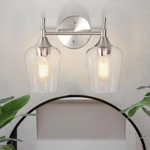 Vista 14 de Edvivi Lámpara de tocador de baño de 1 luz, níquel cepillado moderno con pantalla de vidrio transparente, apliques de pared para espejos, Latón