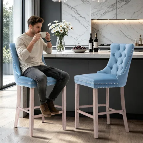 Vista 98 de SoarFlash Juego de 2 taburetes de bar tapizados de terciopelo moderno con patas de madera, botones acolchados, cabeza de clavo cromada, asiento