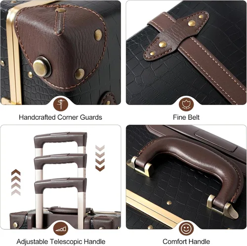 Vista 8 de urecity Juego de 2 maletas vintage, maleta retro con ruedas para hombres y mujeres, lindo juego de equipaje de viaje de diseñador con bolsa