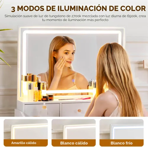 Vista 6 de COMHOMA Escritorio de tocador de maquillaje con espejo y luces, juego de mesa de tocador y silla con 5 cajones y estación de carga, cómoda