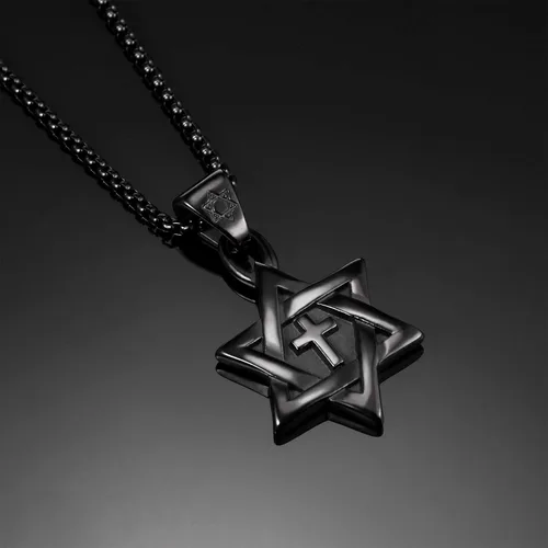 Vista 5 de Herinos Collar de cruz de acero inoxidable para hombre, collar con colgante de estrella hexagonal de David, cadena de bordillo de 21.6 pulgadas