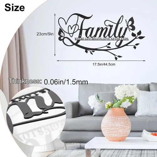 Vista 2 de AUHOKY Letrero de metal con texto en inglés «Family Where Life Begins Love Never Ends» («Family Where Life Begins Love Never Ends») para decoración