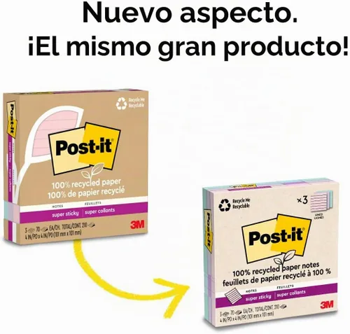 Vista 9 de Post-it Notas Super Adhesivas de Papel 100% Reciclado, 2 Veces el Poder de Adhesión, 4x4 pulgadas, Rayadas, 3 Blocs, 70 Hojas/Bloc, Colección