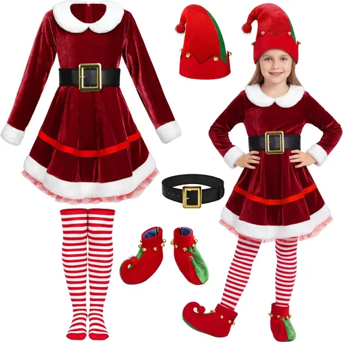 Vista 7 de AOTHSO Conjunto de disfraz de elfo de Navidad para niñas Verde
