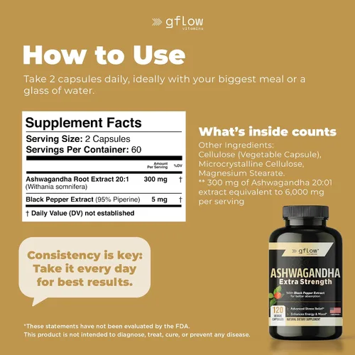 Vista 7 de gflow vitamins Suplementos de Ashwagandha para mujeres y hombres 6000mg Apoyo para el sueño, el estado de ánimo y la energía Fuerza extra