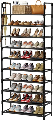 Vista 8 de Zapatero, organizador de almacenamiento de zapatos de 10 niveles, para 30 a 35 pares de zapatos, estante alto de metal para zapatos, entrada