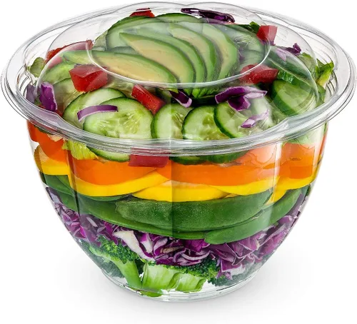 Vista 10 de GUSTO 50 cuencos de ensalada de plástico transparente con tapas, recipientes de ensalada desechables, perfectos para llevar, ensaladas y preparación