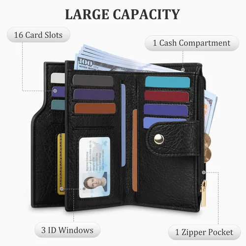 Vista 4 de Airkit Billetera pequeña plegable para mujer, con bloqueo RFID, tarjetero con cremallera, cartera de viaje con bolsillo para monedas, color negro