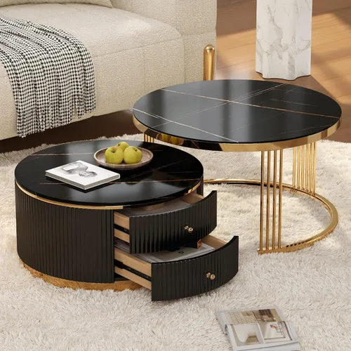 Vista 11 de Mesa de café redonda, mesa de café moderna de 31.5" con 2 cajones grandes de almacenamiento, tapa de mesa con patrón de mármol, mesa central