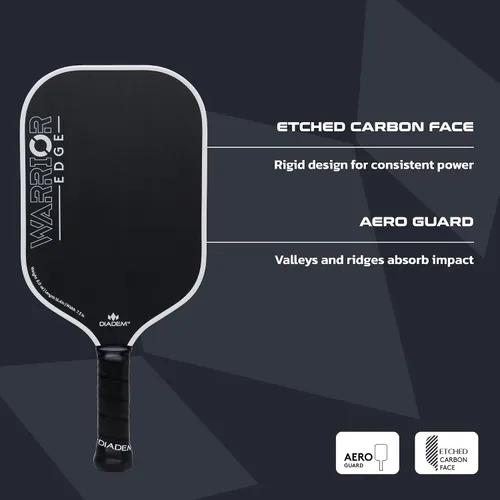 Vista 3 de Diadem Warrior Edge - Paletas de pickleball Cara de carbono grabado para máximo giro, protector aerodinámico de 16mm, agarre Comfort Max, núcleo